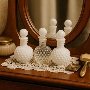 Vintage Hobnail Milk Glass Perfume Bottles Set‎ of 3 Vanity Dresser Clear &White